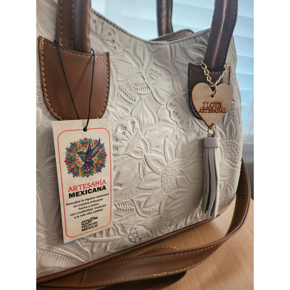 Light Beige Sunflower Embossed Tooled Artisan LEATHER Hobo Bag Purse Bolsa - Picture 9 of 14